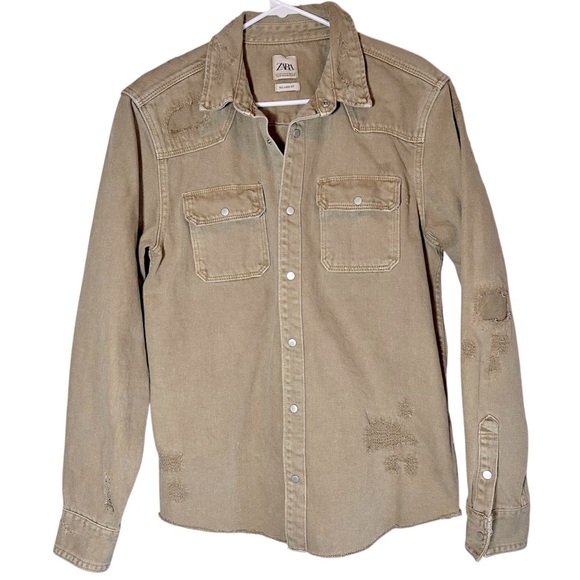 Zara Ripped Denim Overshirt Medium Khaki Shirt Jacket Distressed Denim Western - Picture 15 of 16